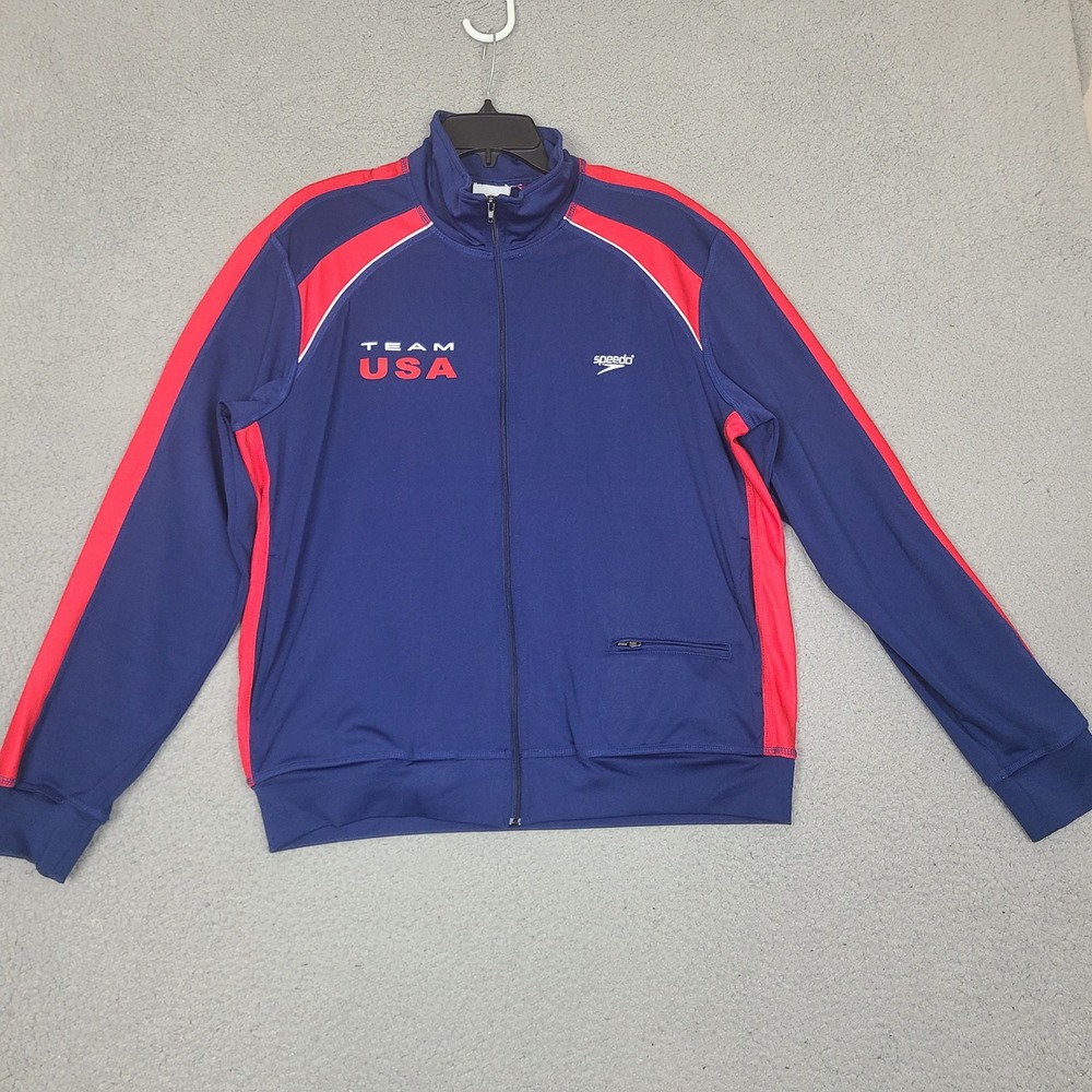Speedo Team USA Track Jacket Mens Large Blue Red White Full Zip Athletic